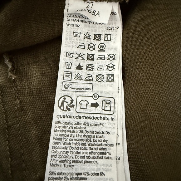 NEW AllSaints DURAN SKINNY DENIM CARGO JEANS, Olive Green, Size 27 (=US 6) - Picture 9 of 9